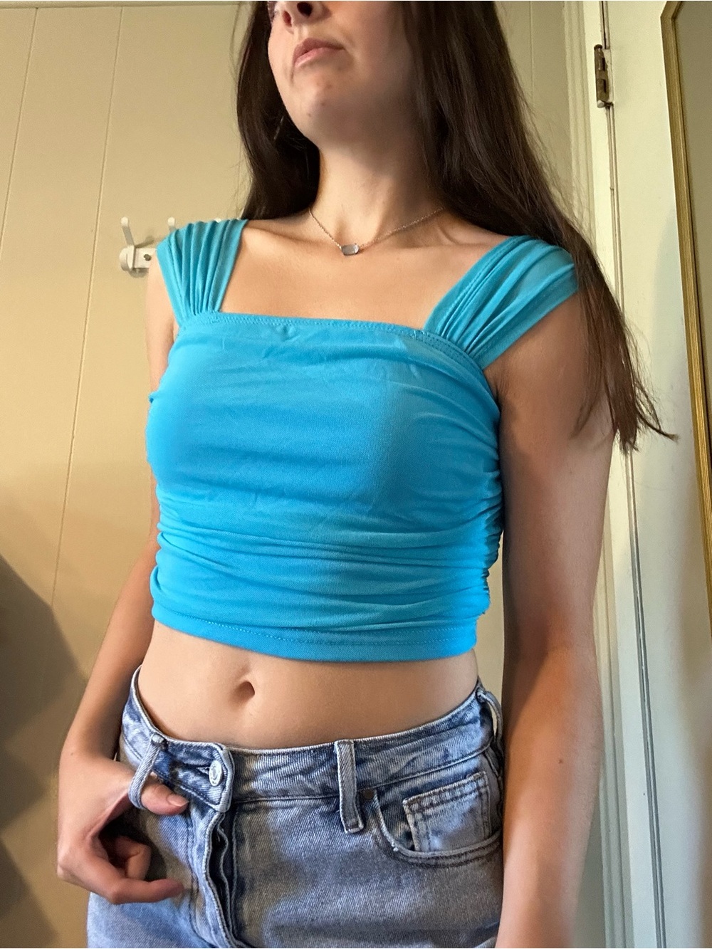 Blue Square-Neck Ruched Crop Top